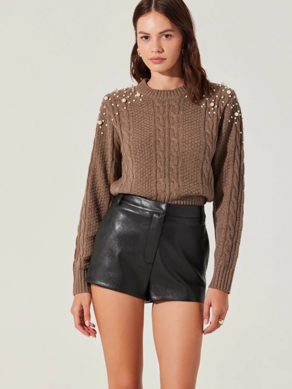 Pearl Embellished Cable Knit Sweater Brown S ASTR The Label